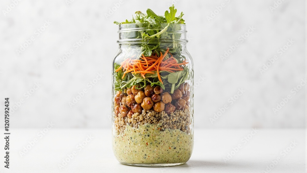 Fresh mason jar salad with greens quinoa chickpeas and avocado dressing Fresh mason jar salad with greens quinoa chickpeas and avocado dressing