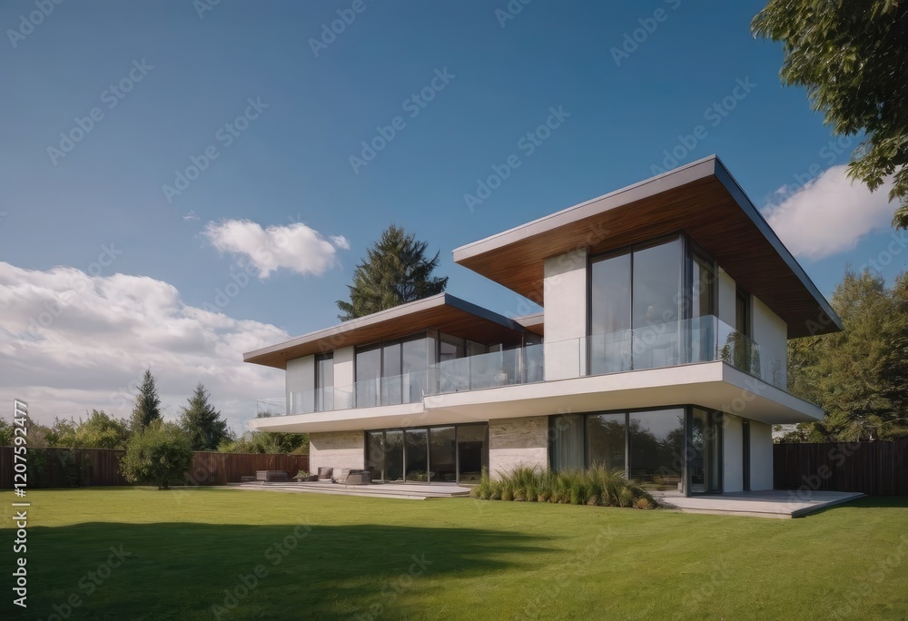There exists a large white house which has numerous windows There exists a large white house which has numerous windows