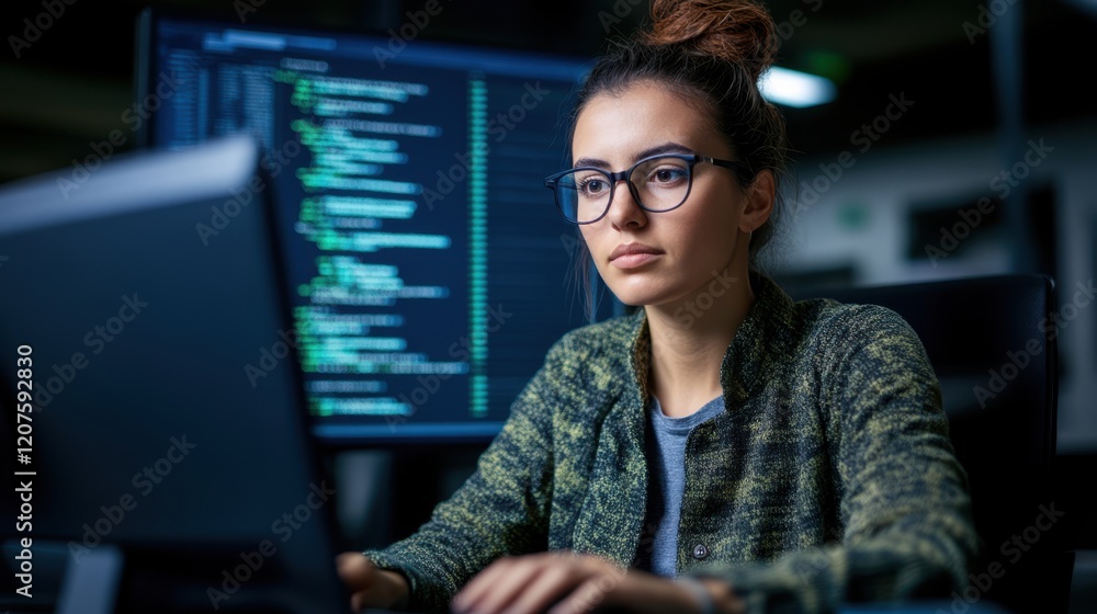 A woman is focused on her work, sitting at a computer desk with a monitor, engaged in a task that requires concentration and productivity. A woman is focused on her work, sitting at a computer desk with a monitor, engaged in a task that requires concentration and productivity.