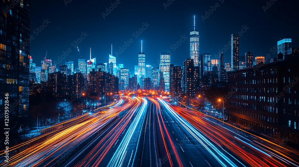 Vibrant city lights and traffic flow in New York during nighttime Vibrant city lights and traffic flow in New York during nighttime