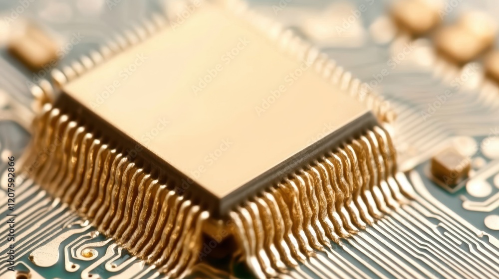 A detailed close-up view of a computer chip mounted on a printed circuit board, showcasing intricate designs and electronic components. A detailed close-up view of a computer chip mounted on a printed circuit board, showcasing intricate designs and electronic components.