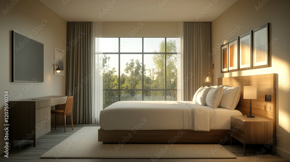 Cozy modern bedroom with large window and natural light in a tranquil setting Cozy modern bedroom with large window and natural light in a tranquil setting