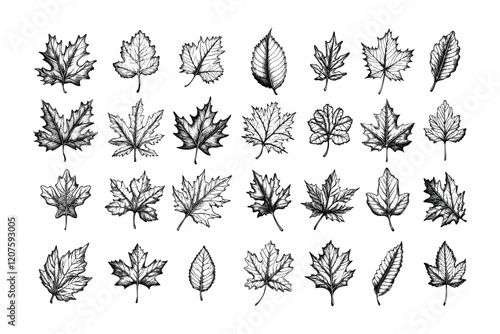 Dry autumn leaves engraving vector set. Orange crisp falling leaf, changes seasons foliage red drop shit seasonal flora isolated illustrations on white background