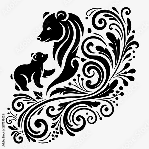 Bear and cub silhouette with intricate floral swirls