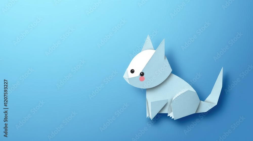 Papercraft Kitten on Blue: An adorable light blue papercraft kitten sits on a serene light blue background, showcasing intricate folds and charming features in a minimalist design. Papercraft Kitten on Blue: An adorable light blue papercraft kitten sits on a serene light blue background, showcasing intricate folds and charming features in a minimalist design.