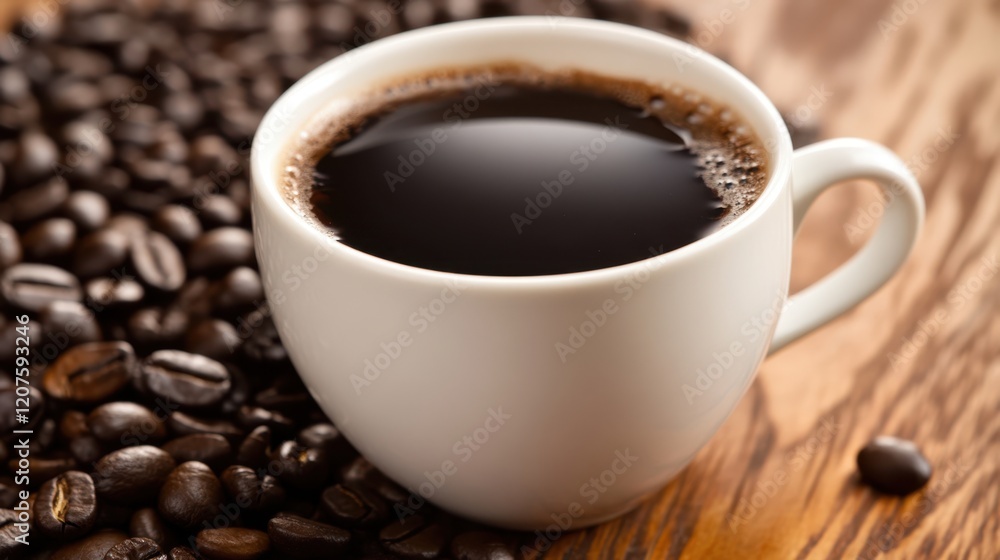 A steaming cup of coffee rests on a wooden table, surrounded by scattered coffee beans, showcasing a cozy coffee moment. A steaming cup of coffee rests on a wooden table, surrounded by scattered coffee beans, showcasing a cozy coffee moment.