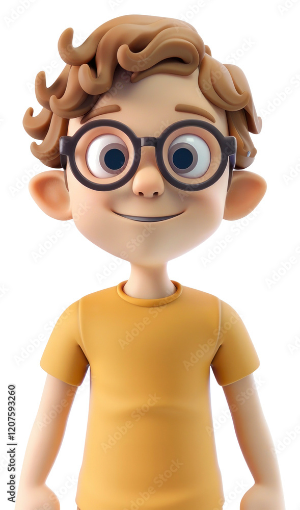 Fototapeta premium PNG Young cute man with wavy short light brown hair character smiling glasses.