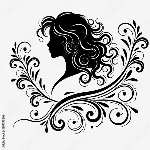 Woman silhouette with curly hair and decorative floral swirls