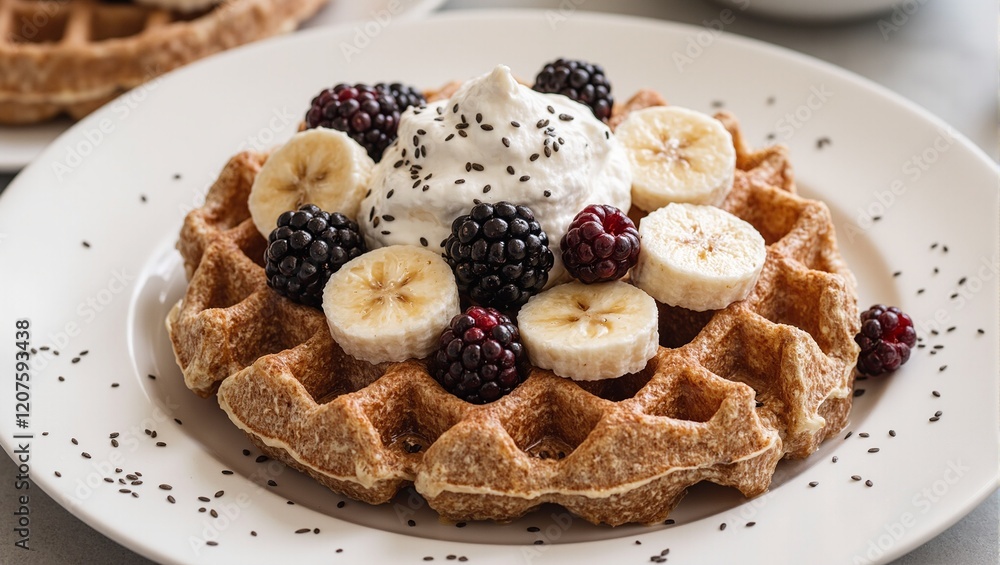 Delicious whole grain waffles with berries bananas coconut cream maple syrup and hemp seeds Delicious whole grain waffles with berries bananas coconut cream maple syrup and hemp seeds