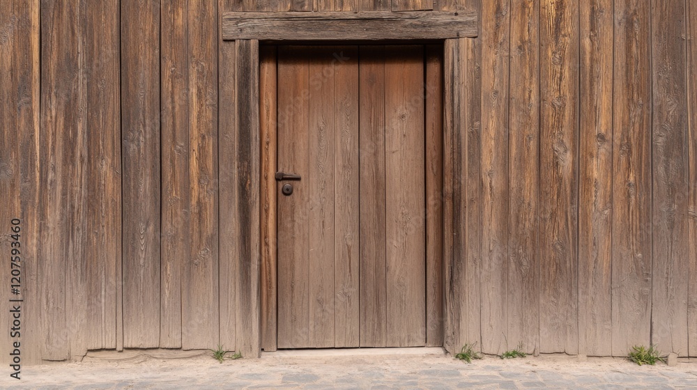 Rustic wooden door set in aged vertical wood planks. Rustic wooden door set in aged vertical wood planks.