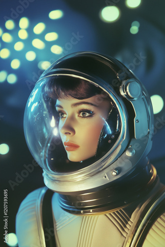 vintage astronaut actress in retro futurism sci-fi film wearing space helmet photo