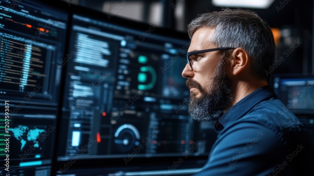 A focused man wearing glasses analyzes data on several computer monitors in a modern workspace. A focused man wearing glasses analyzes data on several computer monitors in a modern workspace.