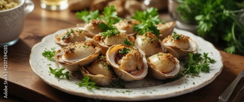 Baked clams oreganata on a decorative plate with a sprig of parsley , seafood, elegance photo