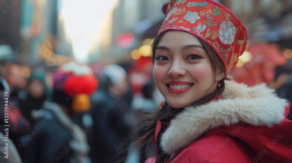 Smiling Woman in Red Traditional Clothing at a City Festival Smiling Woman in Red Traditional Clothing at a City Festival