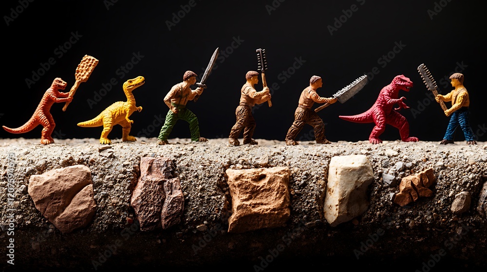 Fototapeta premium Human Figures and Dinosaurs in Cave Art Inspired Scene