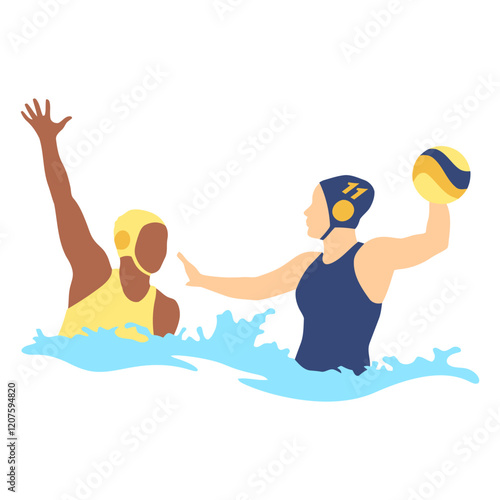 Water Polo Showdown: Dynamic illustration of two female water polo players in action, one passing the ball, the other in anticipation, showcasing athleticism and teamwork.