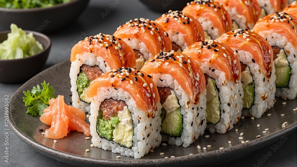 Delicious salmon sushi roll platter with fresh ingredients and soy glaze Delicious salmon sushi roll platter with fresh ingredients and soy glaze