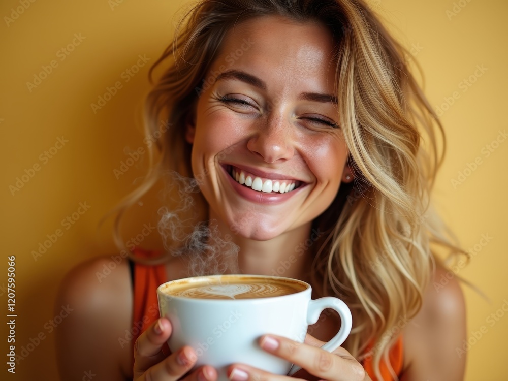 Smiling woman enjoying hot coffee with latte art in a cozy cafe setting on a bright morning Smiling woman enjoying hot coffee with latte art in a cozy cafe setting on a bright morning