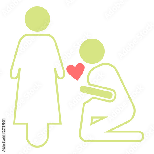 Heartfelt Proposal: A simple yet powerful illustration of a romantic proposal, featuring a man kneeling on one knee with a red heart symbolizing love, while a woman stands with a gentle smile.  