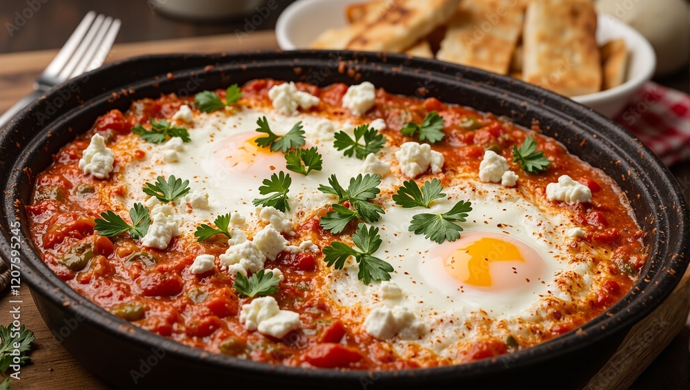 Delicious Shakshuka with Poached Eggs Feta Cheese and Parsley Served with Pita Bread Delicious Shakshuka with Poached Eggs Feta Cheese and Parsley Served with Pita Bread
