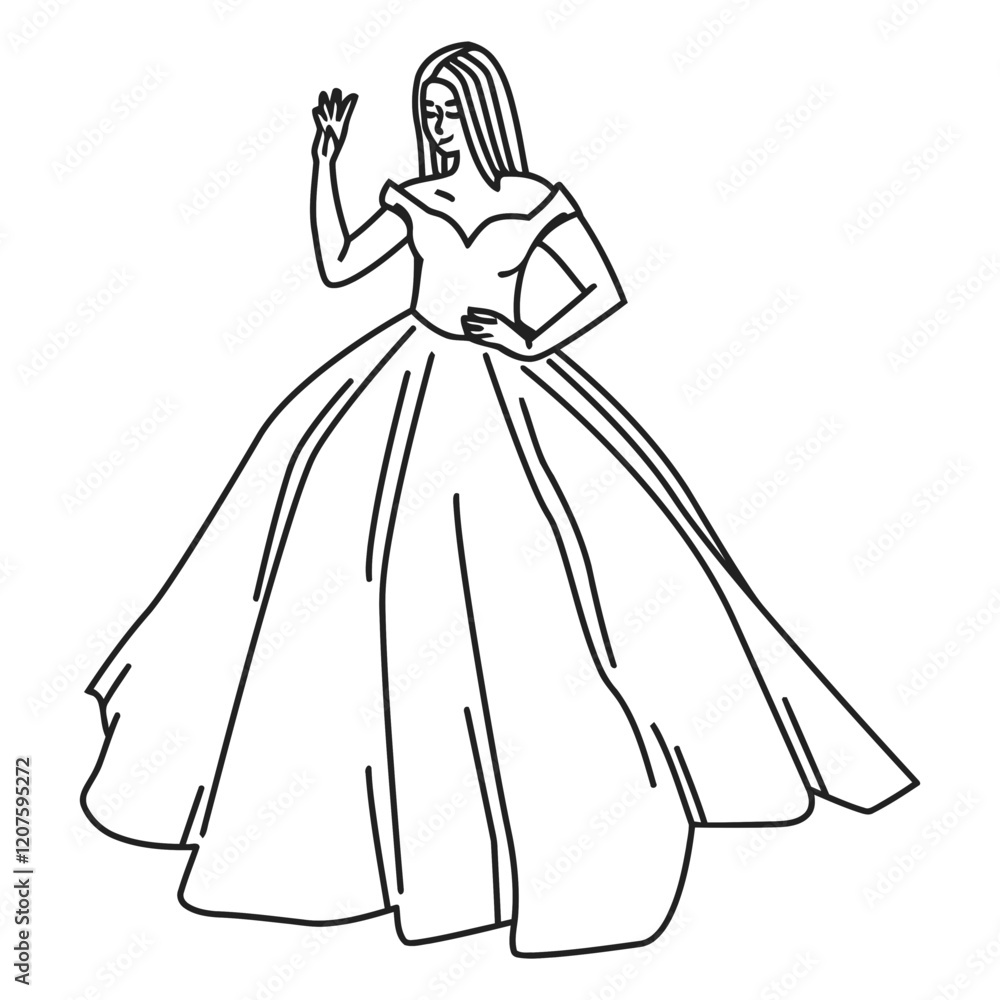 Elegant Ball Gown Sketch: A line drawing of a woman in a flowing ball gown, her posture suggesting grace and elegance. Elegant Ball Gown Sketch: A line drawing of a woman in a flowing ball gown, her posture suggesting grace and elegance.