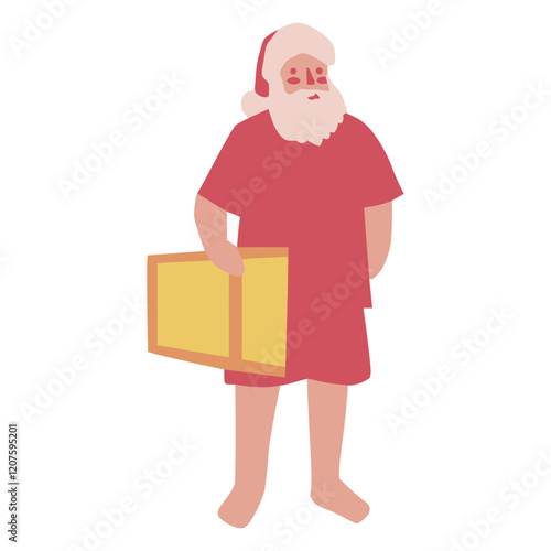 Santa's Summer Break:  A whimsical illustration of Santa Claus in his summer attire, a relaxed and jovial Santa Claus in red shorts and a tee shirt, holding a gift box.