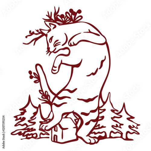 Cat and House with Plants: A whimsical illustration of a cat with a small house on its back, adorned with leaves and branches. This unique image creates a sense of playfulness and whimsy.