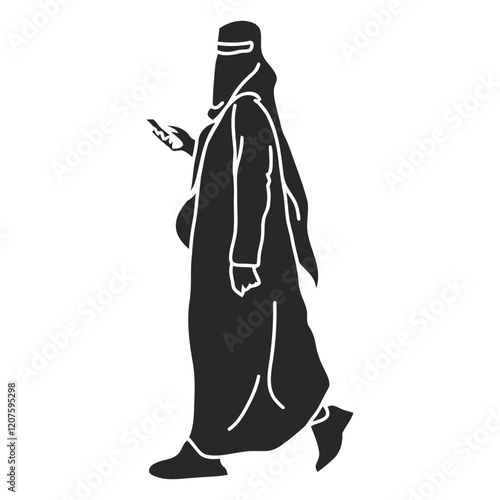 Modern Muslim Woman Walking: A minimalist illustration of a Muslim woman, elegantly dressed in an abaya and niqab, striding confidently while using her smartphone.
