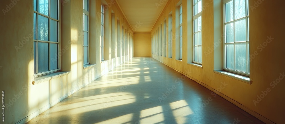Fototapeta premium Sunlit Corridor: A Serene Architectural Perspective