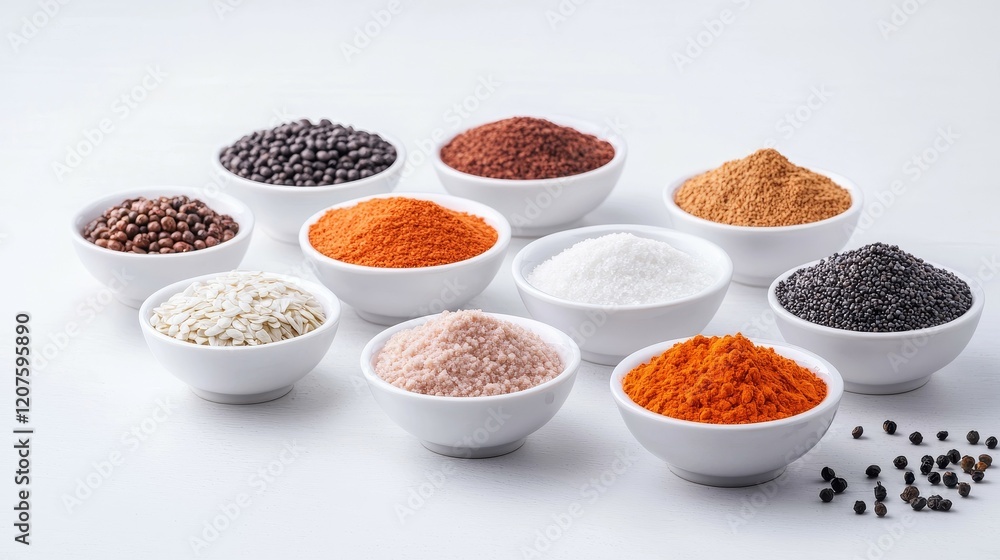 food safety concept. Assorted spices and powders arranged in white bowls on a light background. food safety concept. Assorted spices and powders arranged in white bowls on a light background.