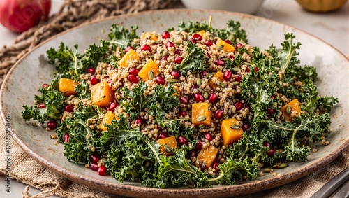 Vibrant autumn salad with roasted butternut squash kale quinoa and seeds in maple Dijon dressing