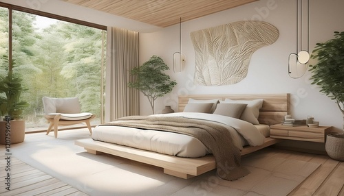 modern scandi master bedroom with light white oak wallpaper ceiling chic natural and neutral tones w wooden bed organic accents generative ai