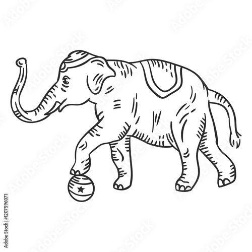 Circus Elephant Sketch: A charming hand-drawn sketch of a majestic elephant, adorned with a traditional headdress, delicately balancing a ball on its trunk.