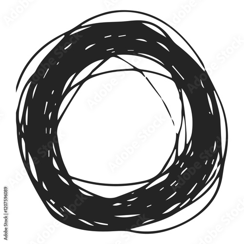 Abstract Circular Scribble: A dynamic and expressive circular scribble, rendered in bold black ink on a transparent background, creates a visually striking and versatile design element.  