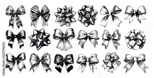 Gift bows packaging engraving vector set. Lance box decorative present strip pack tape birthday christmas assets elements, hand drawn monochrome vectors isolated on white background