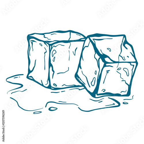 Melting Ice Cubes Illustration: A hand-drawn illustration of two melting ice cubes with water droplets, emphasizing the ephemeral nature of frozen water.