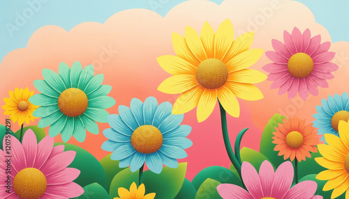 Vibrant Colorful Daisies in a Sunny Dreamlike Meadow