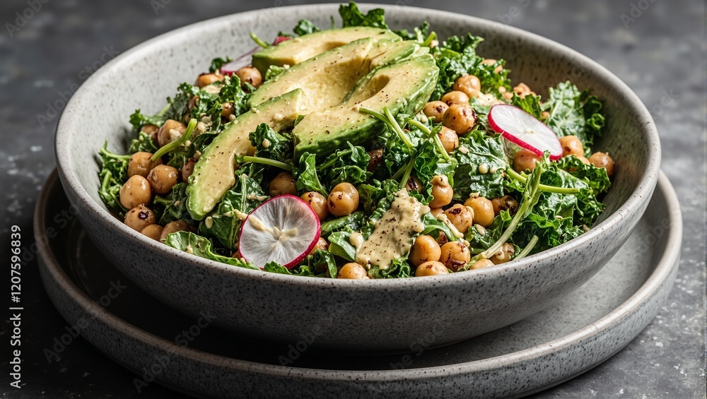 Nutritious salad with avocado chickpeas and tahini on a ceramic plate Nutritious salad with avocado chickpeas and tahini on a ceramic plate