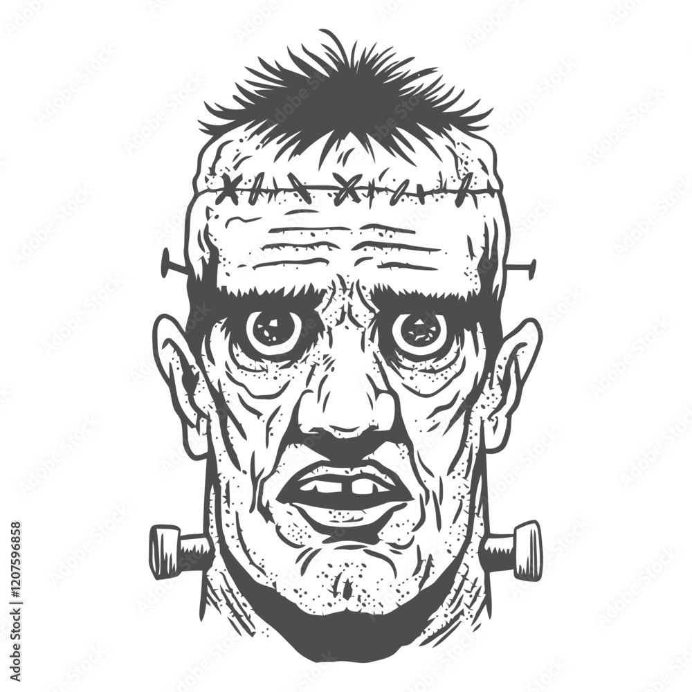 Fototapeta premium Frankenstein's Monster Portrait: A detailed, hand-drawn illustration of Frankenstein's monster, showcasing his iconic stitched features and expressive eyes.