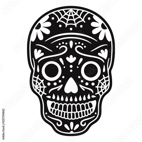 Sugar Skull Design: A striking black and white illustration of a Sugar Skull, adorned with intricate floral and web patterns, representing the vibrant and artistic traditions of Dia de Muertos. 