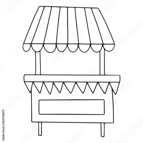 Simple Market Stall Sketch: A charmingly drawn outline of a traditional market stall, complete with a striped awning and a blank signboard, invites you to envision its possibilities.