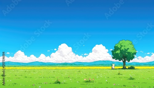 Serene Summer Meadow Landscape With Lone Animal