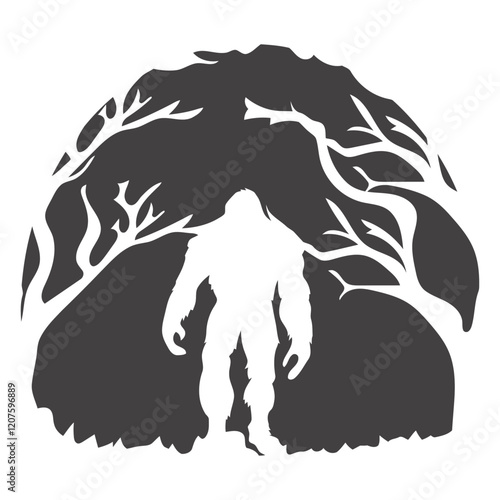 Bigfoot Silhouette: A minimalist, stylized silhouette of the legendary Bigfoot creature, standing against a backdrop of trees, captures the mystique and intrigue surrounding the elusive creature.