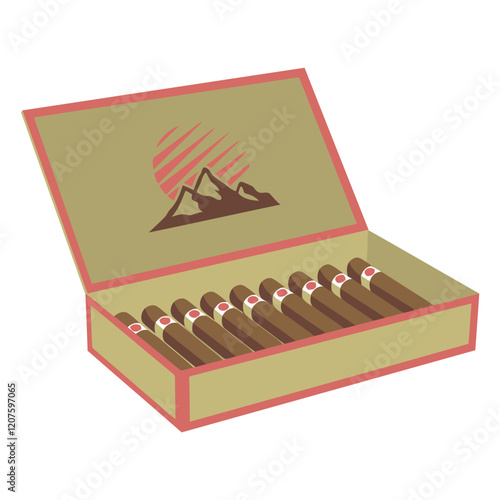 Cigars in Vintage Humidor: A classic, rectangular humidor, adorned with a vintage design featuring a stylized sun setting behind mountains.