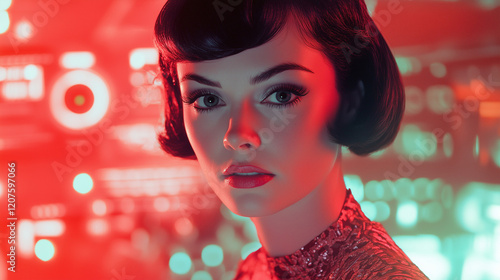 vintage actress in retro futurism sci-fi film with spaceship dials in red light photo