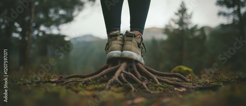 Woman s Boots on Tree Roots in Forest  Nature  Grounded  Hiking Boots  Earth photo