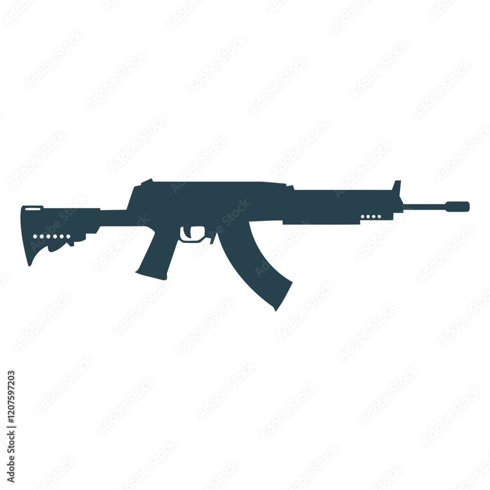 AK-47 Silhouette: A stark, detailed silhouette of an AK-47 assault rifle, rendered in a deep navy blue against a transparent background.  Ideal for military, tactical, or security-related projects. 