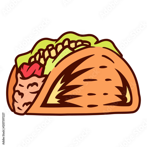 Delicious Taco Illustration: A vibrant illustration of a mouthwatering taco, brimming with savory fillings and fresh toppings, perfect for menus, food blogs, or any culinary-themed project. 