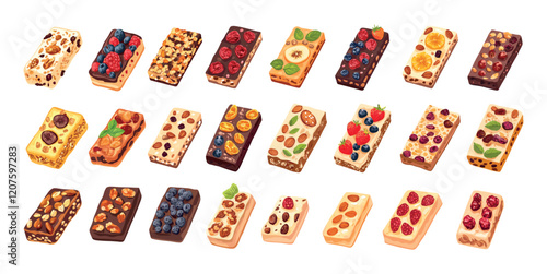 Granola organic bars cartoon vector set. Dried nuts raw fruits vegan healthy sweets muesli appetizers, energy fast meal fit sport fitness snacks food breakfast, isolated vectors on white backdrop