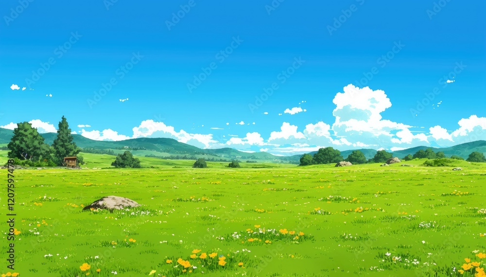 Fototapeta premium Serene Summer Meadow Landscape With Distant Hills